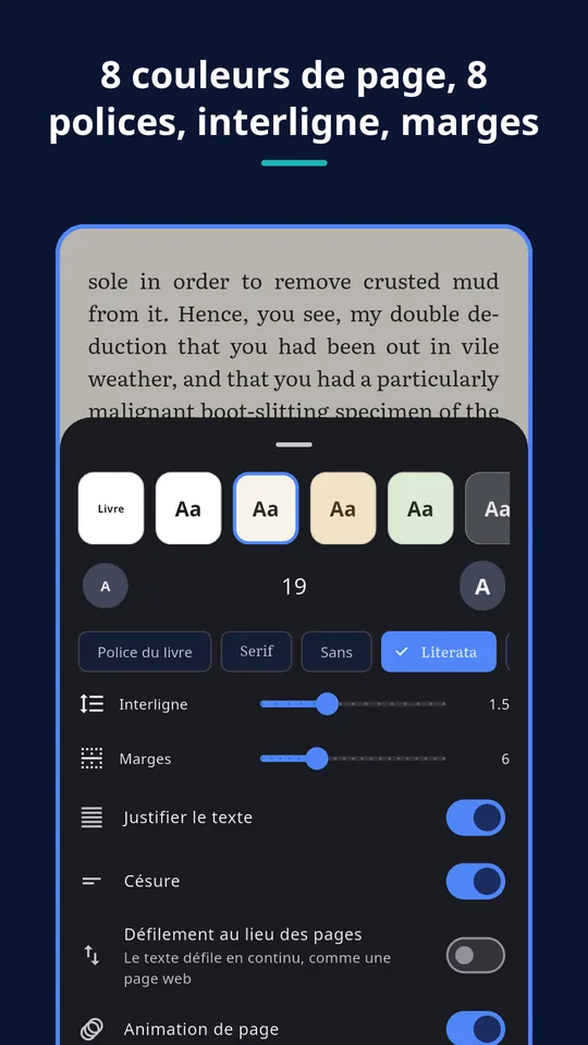 UZYTAK Reader — 8 couleurs de page, 8 polices, interligne, marges