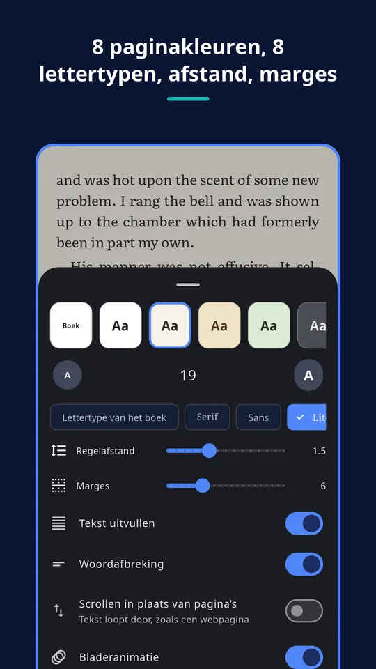 UZYTAK Reader — 8 paginakleuren, 8 lettertypen, afstand, marges