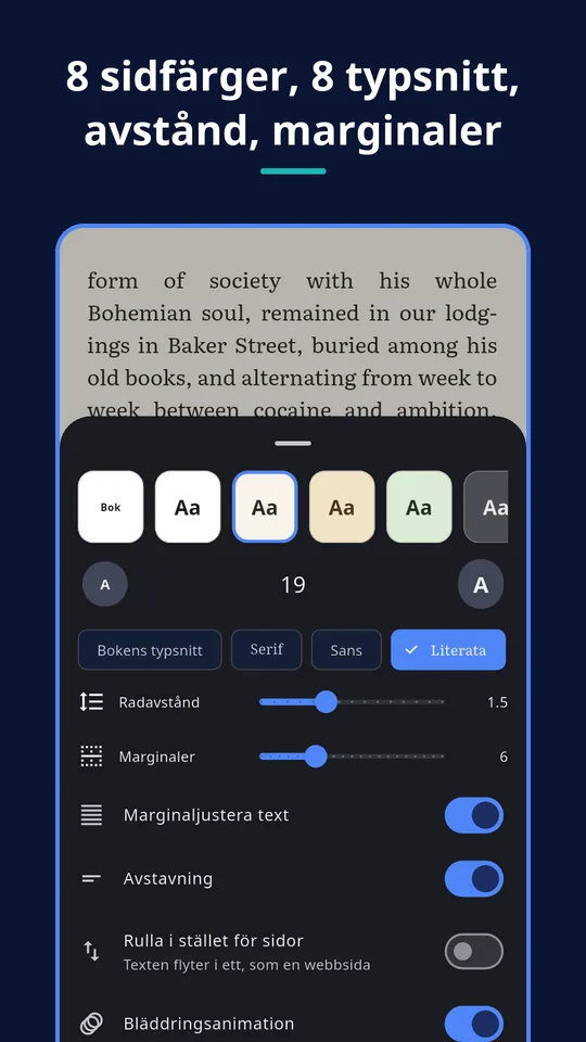 UZYTAK Reader — 8 sidfärger, 8 typsnitt, avstånd, marginaler