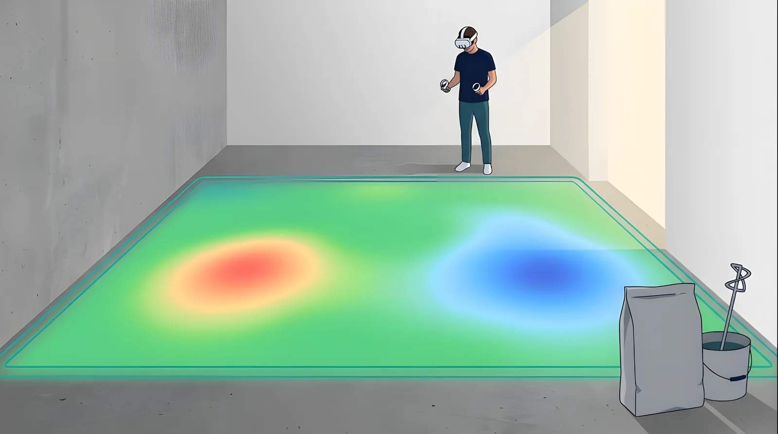 Mappa a colori delle irregolarità su un pavimento in calcestruzzo: un rilievo rosso, un avvallamento blu e aree verdi entro la tolleranza