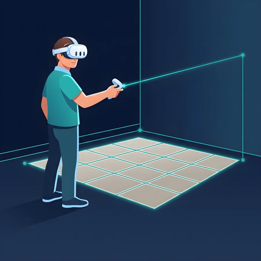 Un piastrellista con Meta Quest misura una stanza vuota; sul pavimento e sulla parete reali sono mostrati un parquet a spina di pesce e una vernice verde salvia