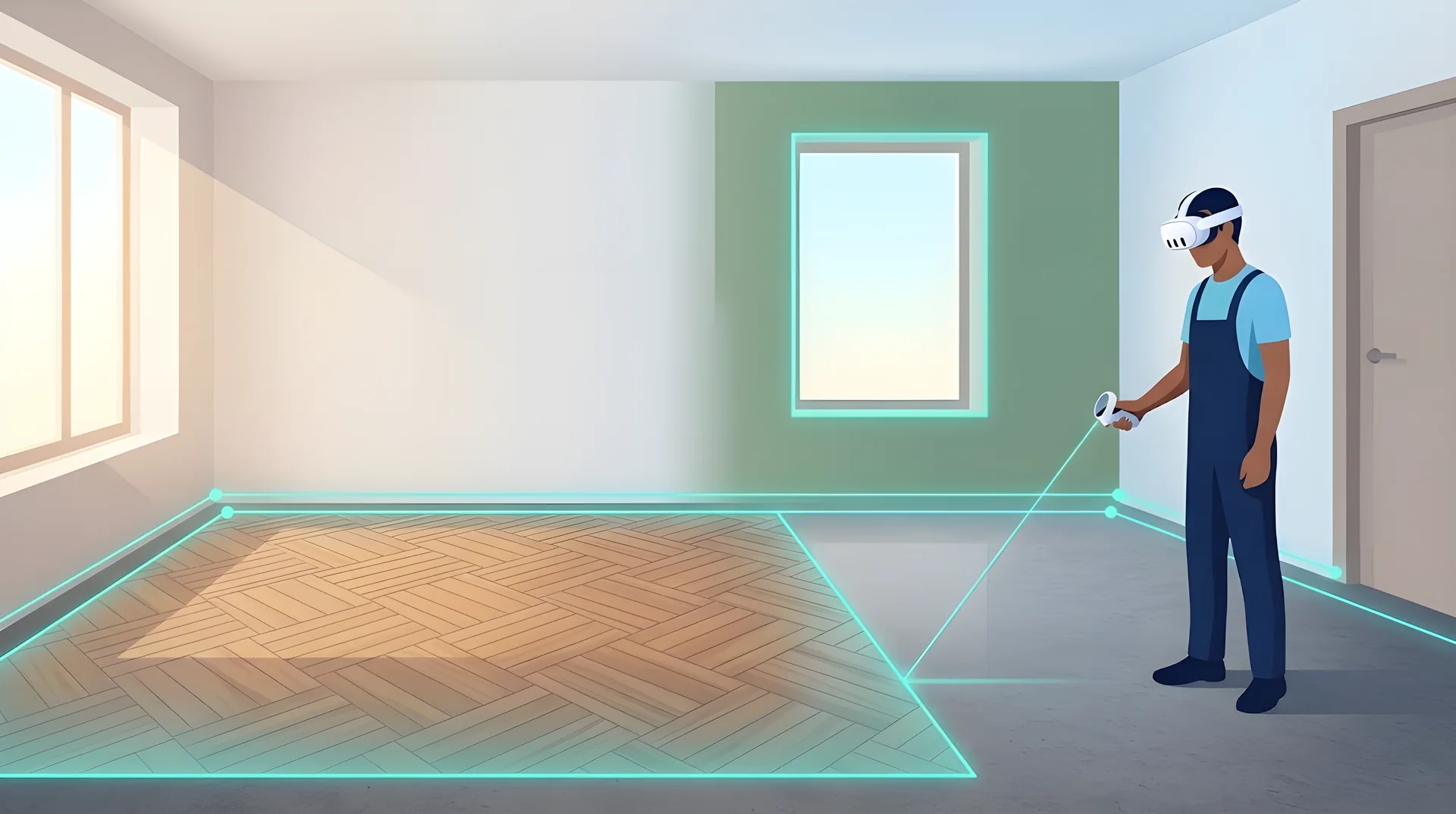 Un piastrellista con Meta Quest misura una stanza vuota; sul pavimento e sulla parete reali sono mostrati un parquet a spina di pesce e una vernice verde salvia