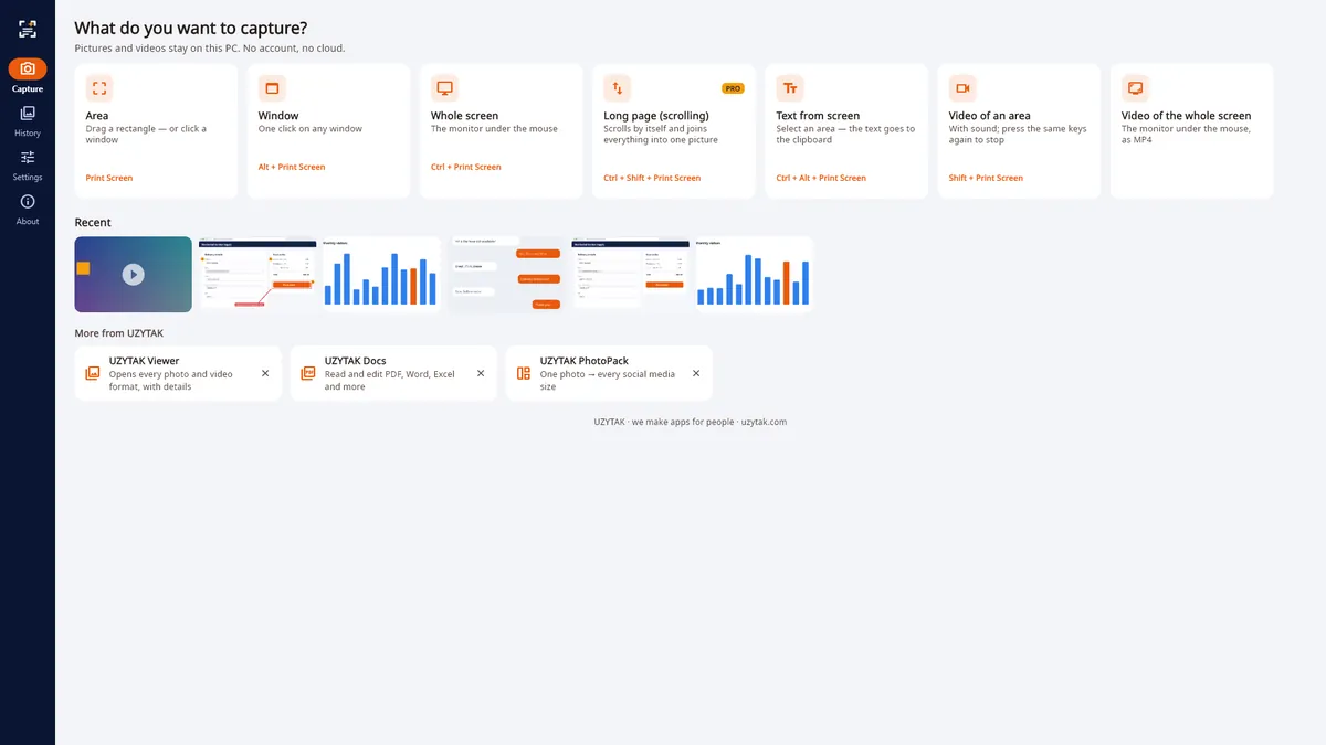 UZYTAK Shot — Capture page: area, window, whole screen, long page, text from the screen and video — one key each