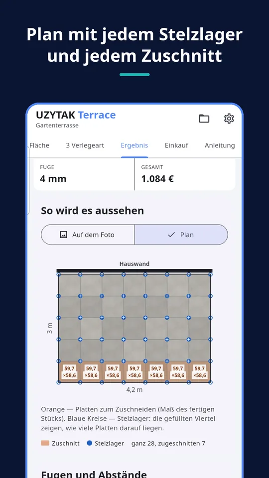 UZYTAK Terrace — Plan mit jedem Stelzlager und jedem Zuschnitt