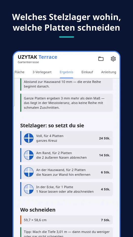 UZYTAK Terrace — Welches Stelzlager wohin, welche Platten schneiden
