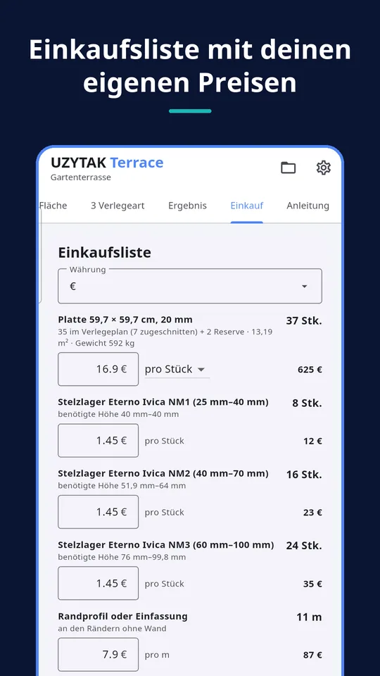 UZYTAK Terrace — Einkaufsliste mit deinen eigenen Preisen