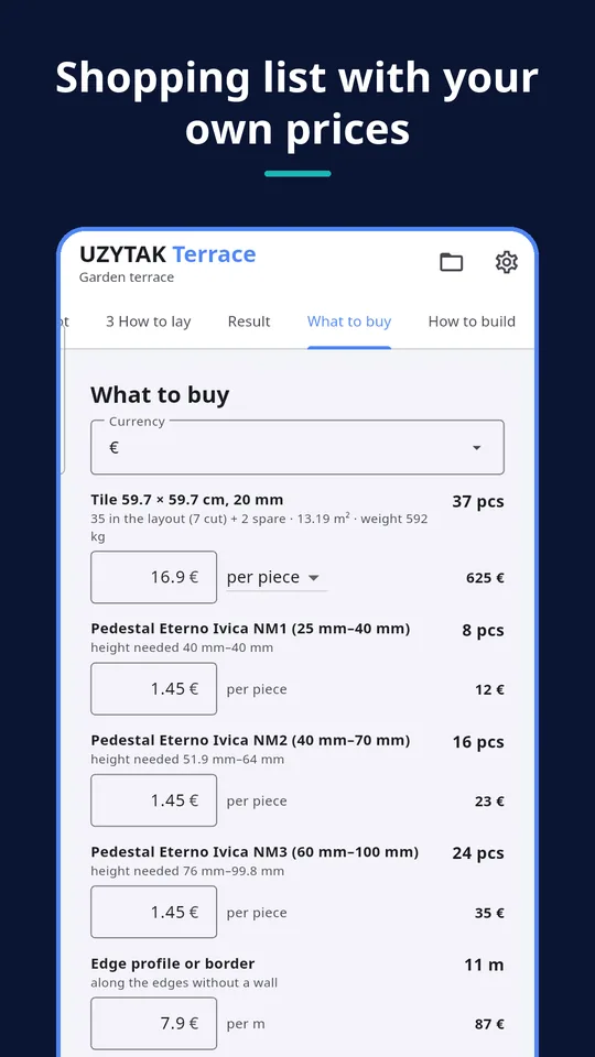 UZYTAK Terrace — Shopping list with your own prices