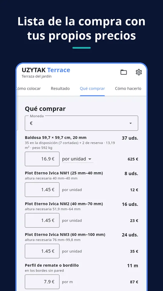 UZYTAK Terrace — Lista de la compra con tus propios precios