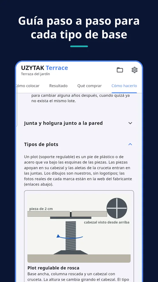 UZYTAK Terrace — Guía paso a paso para cada tipo de base