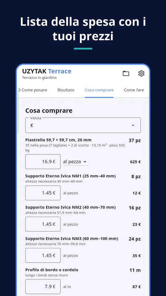UZYTAK Terrace — Lista della spesa con i tuoi prezzi
