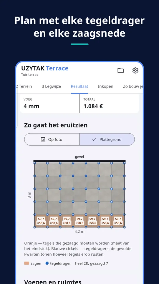 UZYTAK Terrace — Plan met elke tegeldrager en elke zaagsnede