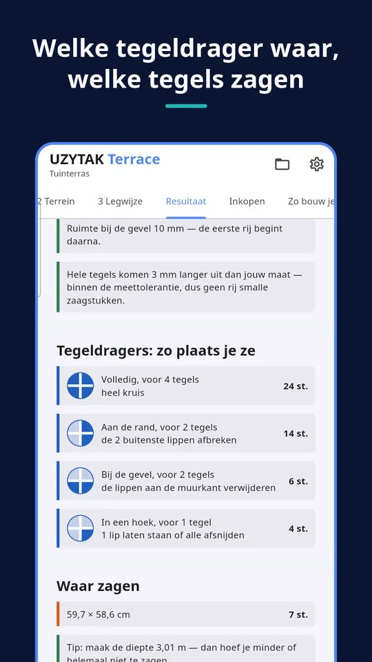 UZYTAK Terrace — Welke tegeldrager waar, welke tegels zagen