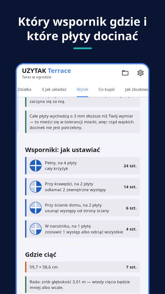 UZYTAK Terrace — Który wspornik gdzie i które płyty docinać
