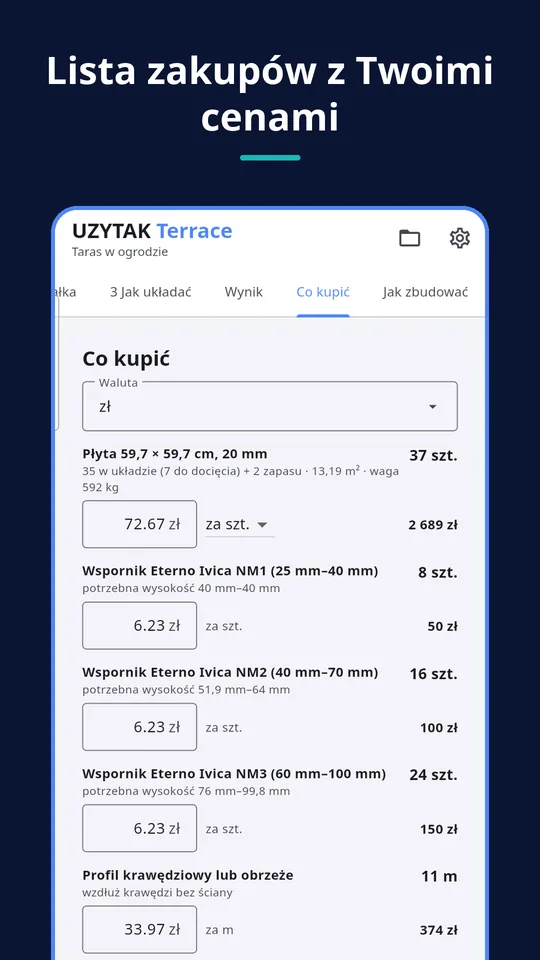 UZYTAK Terrace — Lista zakupów z Twoimi cenami