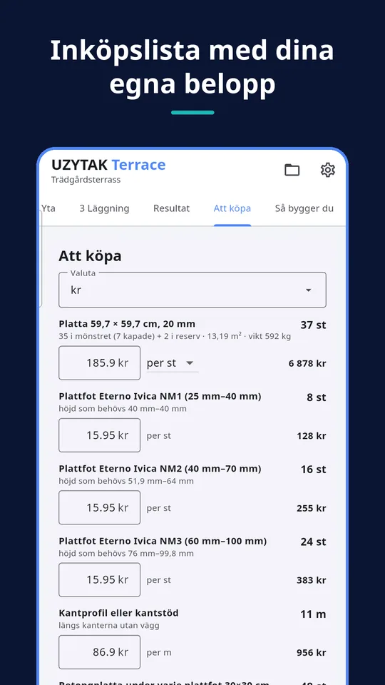 UZYTAK Terrace — Inköpslista med dina egna belopp