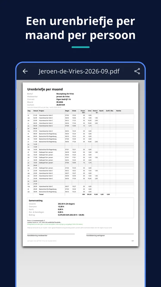 UZYTAK Time — Urenbriefje