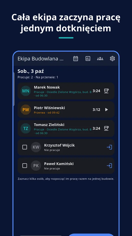 UZYTAK Time — Tablica ekipy
