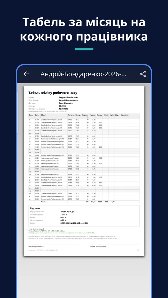 UZYTAK Time — Табель працівника
