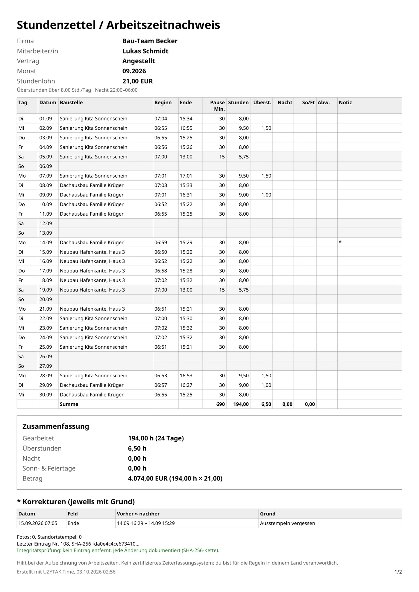 Beispiel-Stundenzettel auf Deutsch, mit der App erstellt (erfundene Daten).