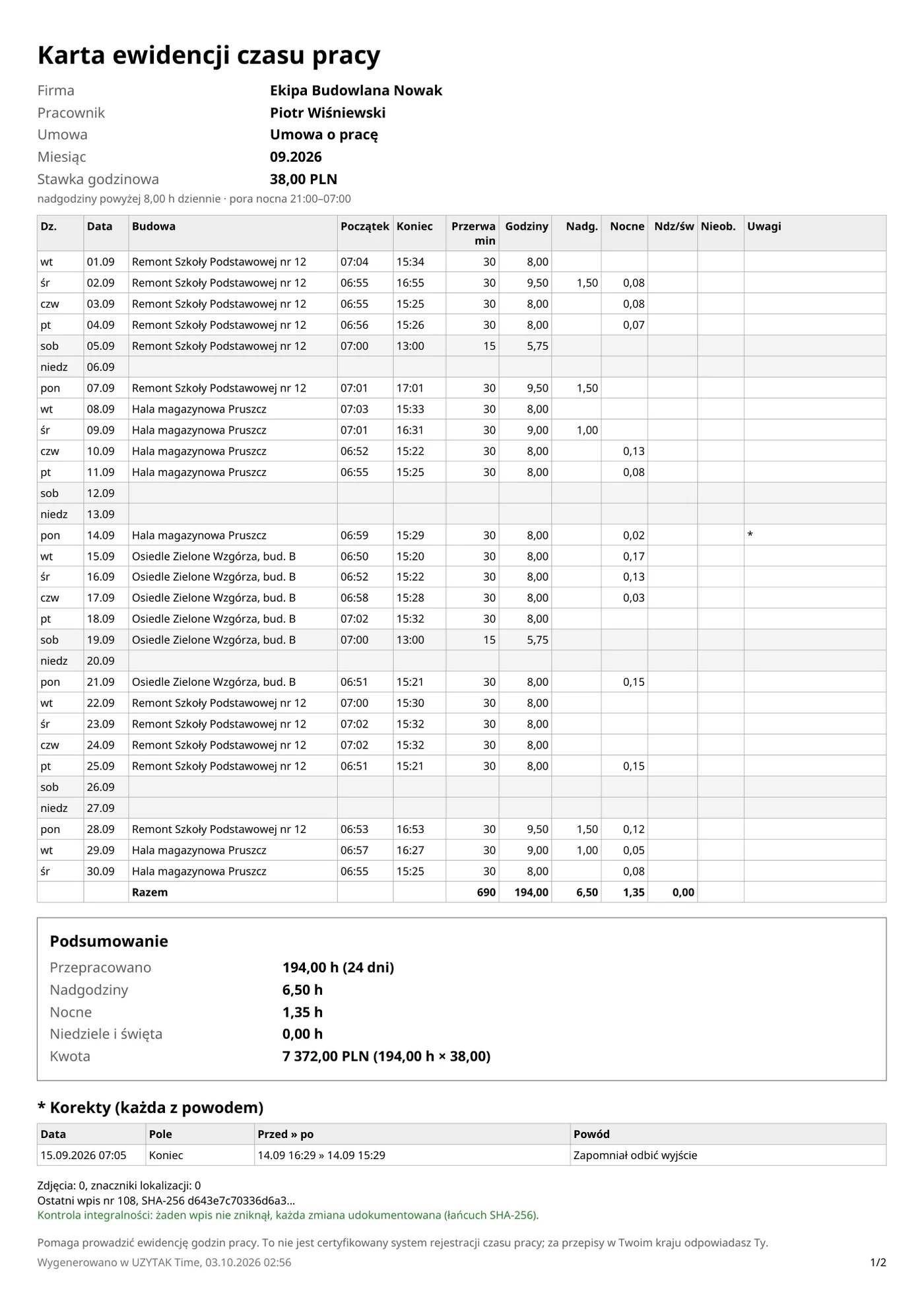 Sample timesheet in Polish (karta ewidencji czasu pracy), made with the app (fictitious data).
