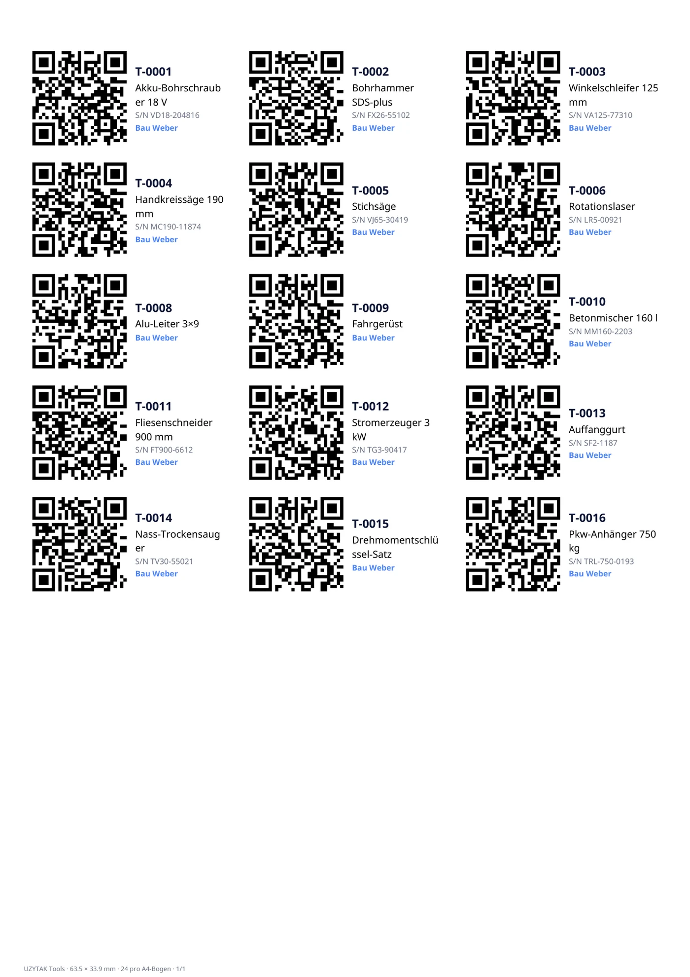 Musterbogen auf Deutsch, mit der App erstellt (fiktive Werkzeuge).