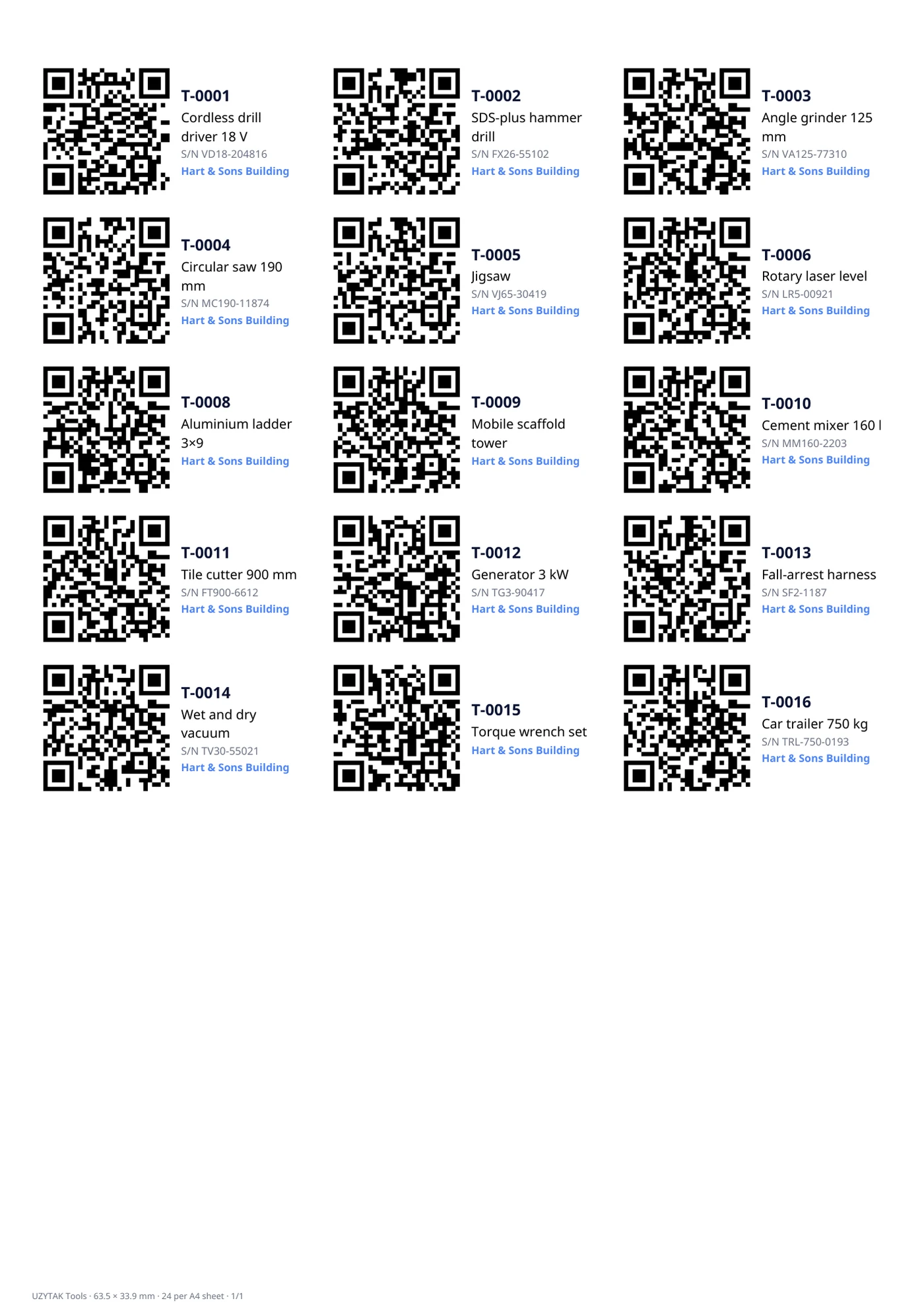 Sample label sheet in English, made with the app (fictitious tools).