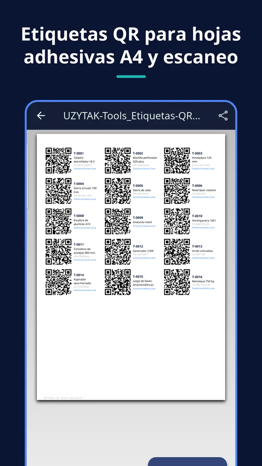 UZYTAK Tools — Hoja de etiquetas QR