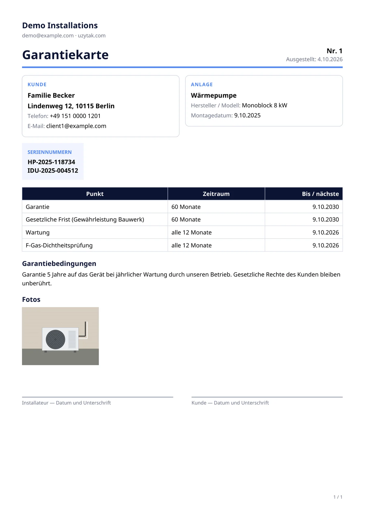 Beispiel-Garantiekarte aus der App (fiktiver Kunde und fiktive Anlage)