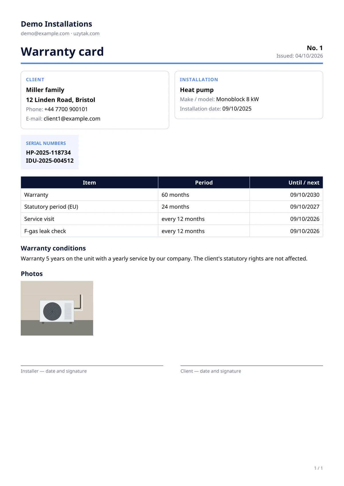 Sample warranty card made by the app (fictitious client and installation)