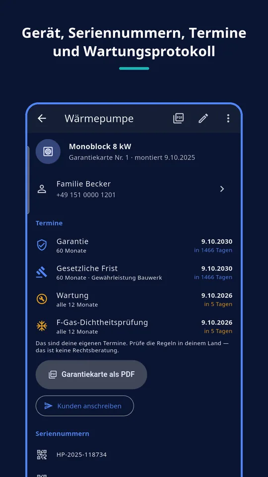 UZYTAK Warranty & Service Book — Anlagenseite