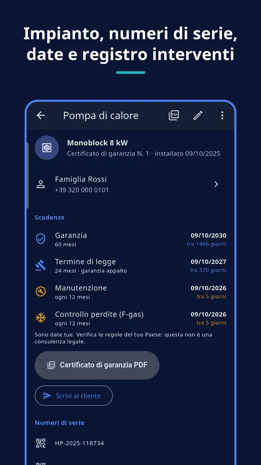 UZYTAK Warranty & Service Book — Scheda impianto