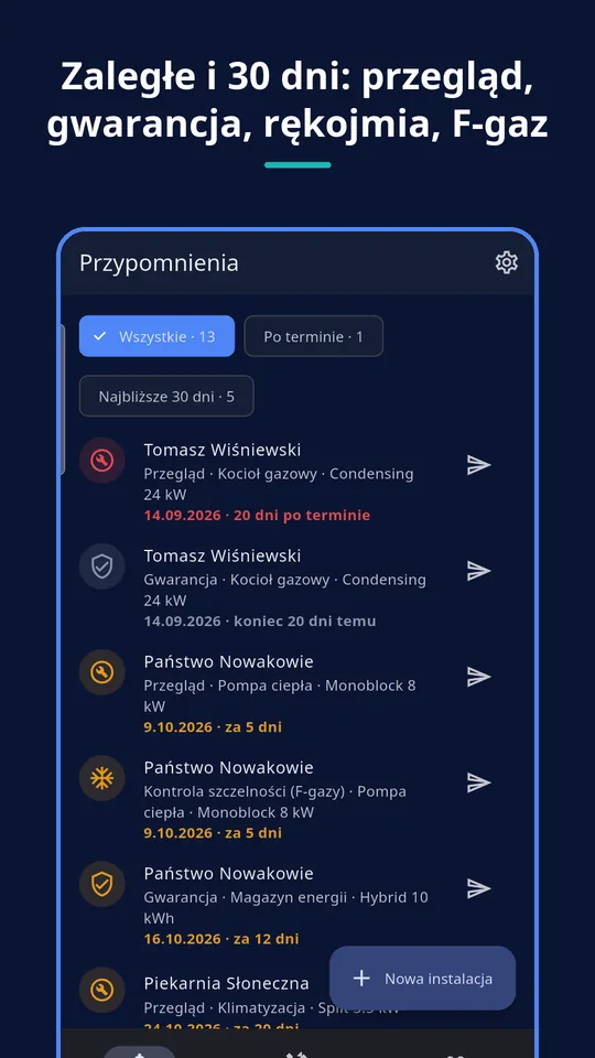 UZYTAK Warranty & Service Book — Przypomnienia